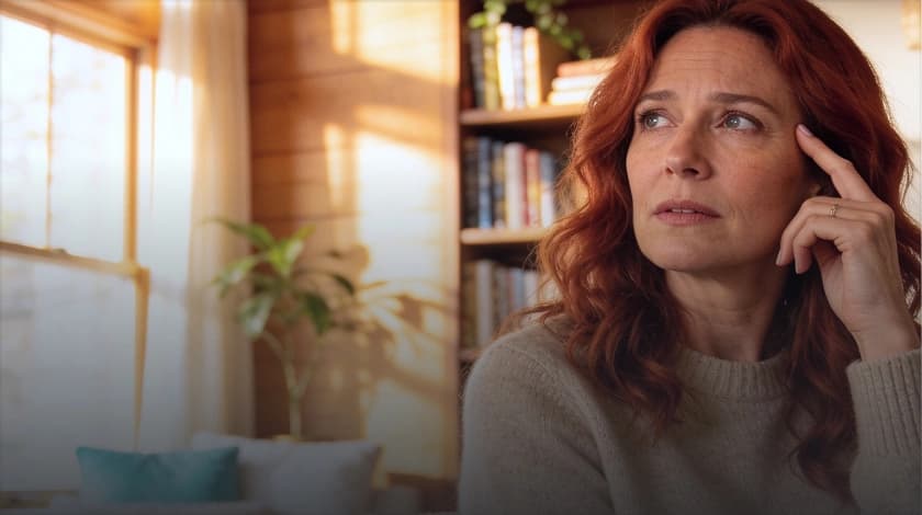 Woman at home pressing her temple, struggling with brain fog