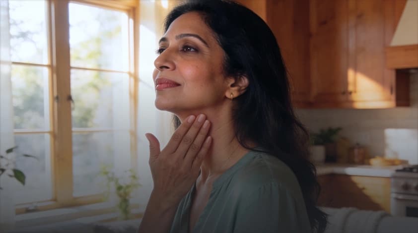Woman in her kitchen touching her neck during a hot flash